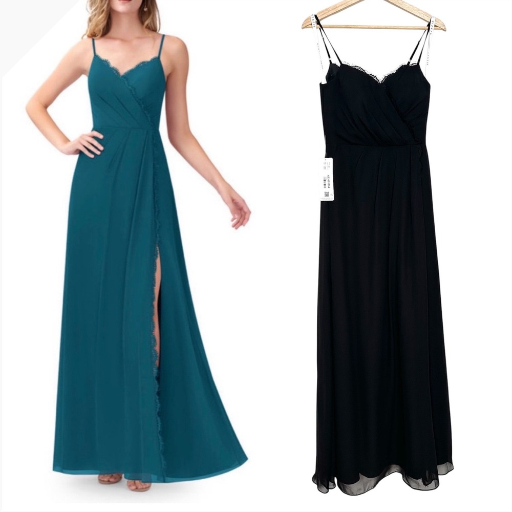 Azazie Tegan Black Chiffon Lace Trim Maxi Bridesmaid Dress Size 2 NWT